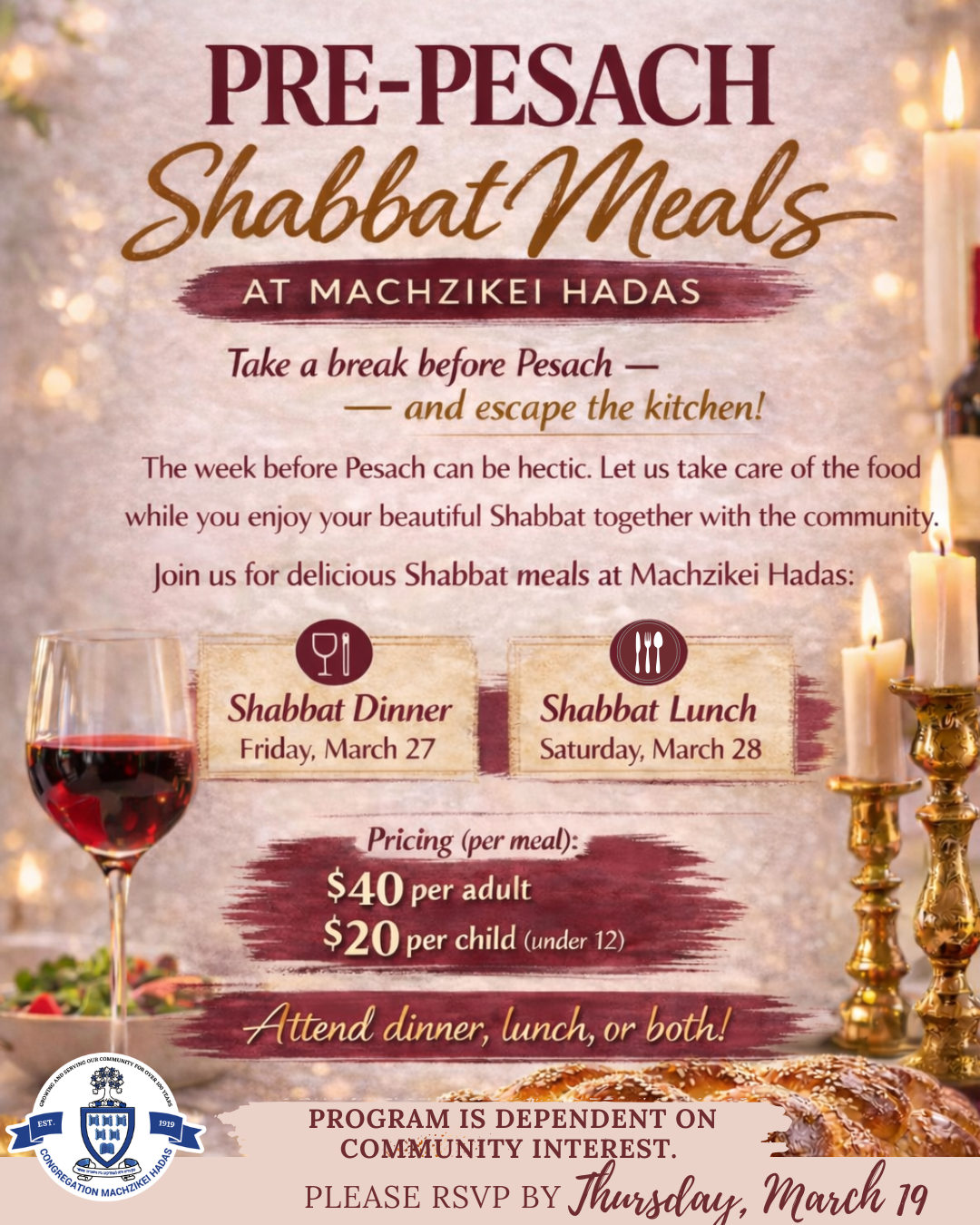 Pre-Pesach Shabbat Meals at CMH